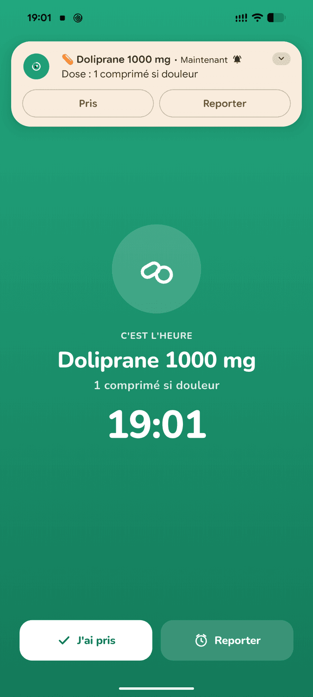 Rappel : alarme plein écran et notification avec les actions Pris et Reporter