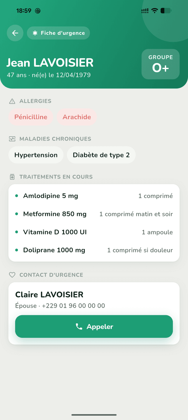 Écran Fiche d'urgence